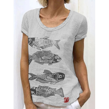 Fish Japanese Lino Art Linen Blend Shirt