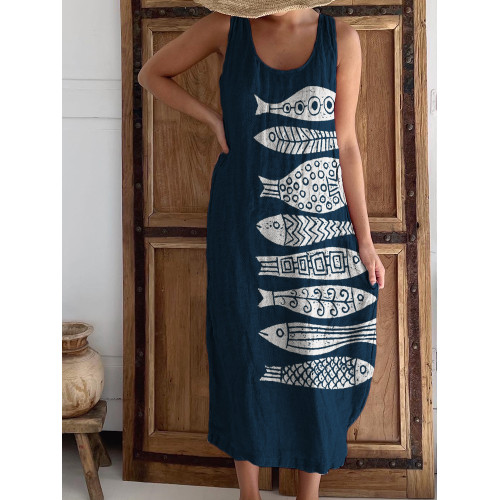 Fish Japanese Lino Art Linen Blend Tank Dress