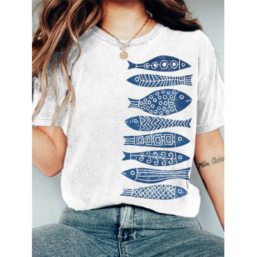 Fish Japanese Lino Art Vintage Washed T Shirt