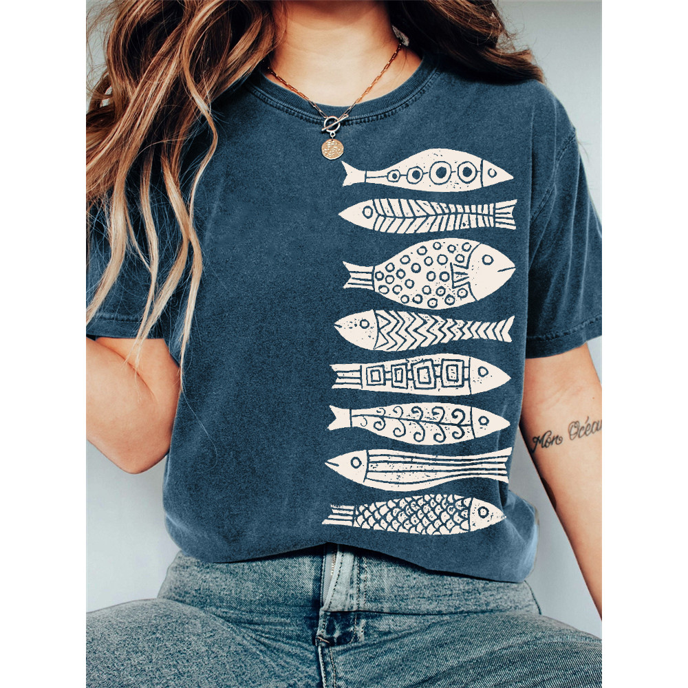 Fish Japanese Lino Art Vintage Washed T Shirt