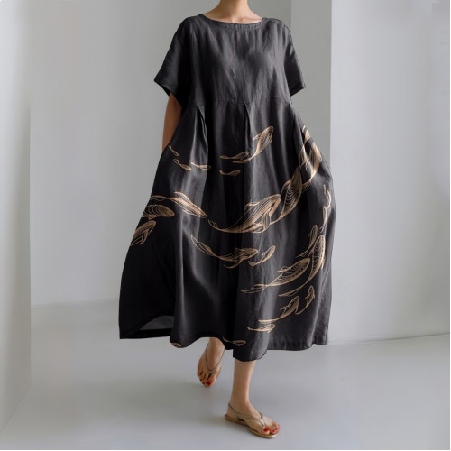 Fish Print Round Neck Short Sleeve Casual Midi Dress