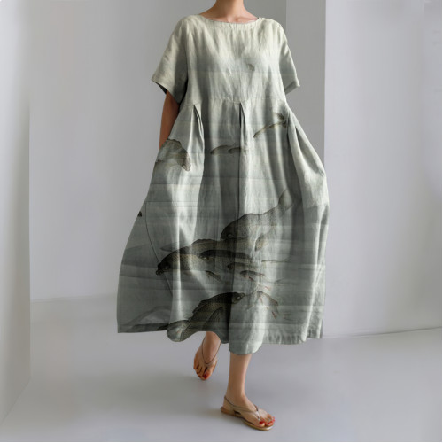 Fish Print Round Neck Short Sleeve Loose Midi Dress
