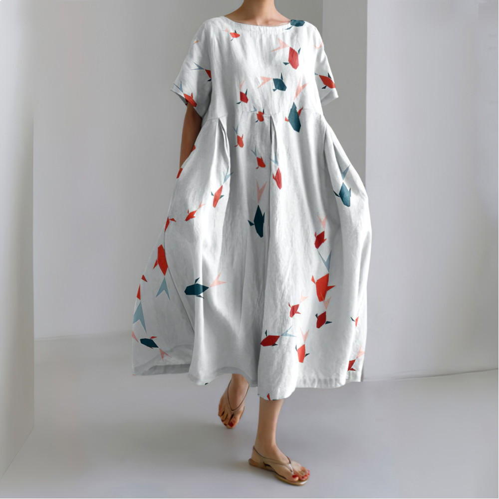 Fish Print Round Neck Short Sleeve Loose Midi Dress