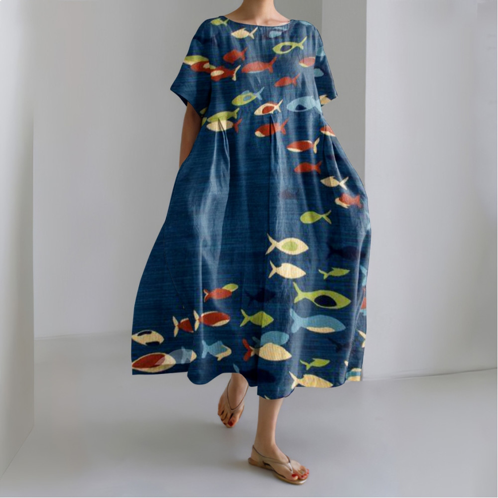 Fish Print Short Sleeve Loose Midi Dress