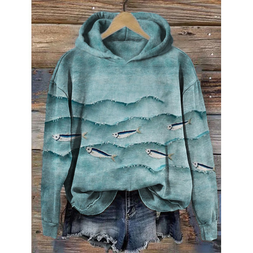 Fish Sea Waves Embroidery Textile Cozy Hoodie