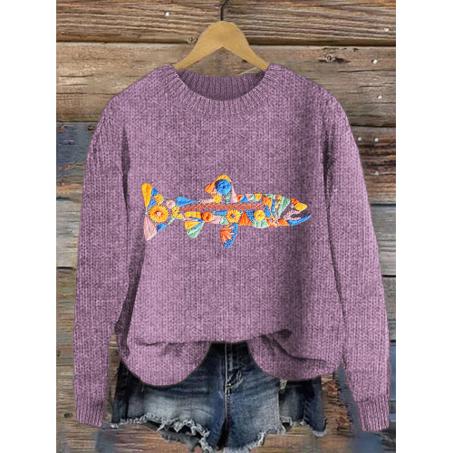 Fish & Flower Embroidery Comfortable Knit Sweater