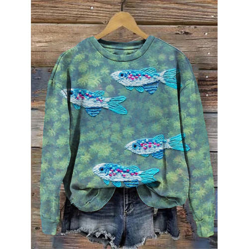 Fish & Forest Embroidery Casual Sweatshirt