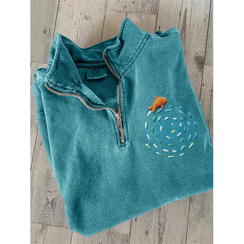 Fish & Ripple Embroidery Art Zip Up Sweatshirt