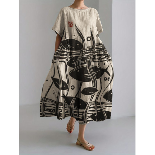Fish under Sea Japanese Lino Art Linen Blend Maxi Dress
