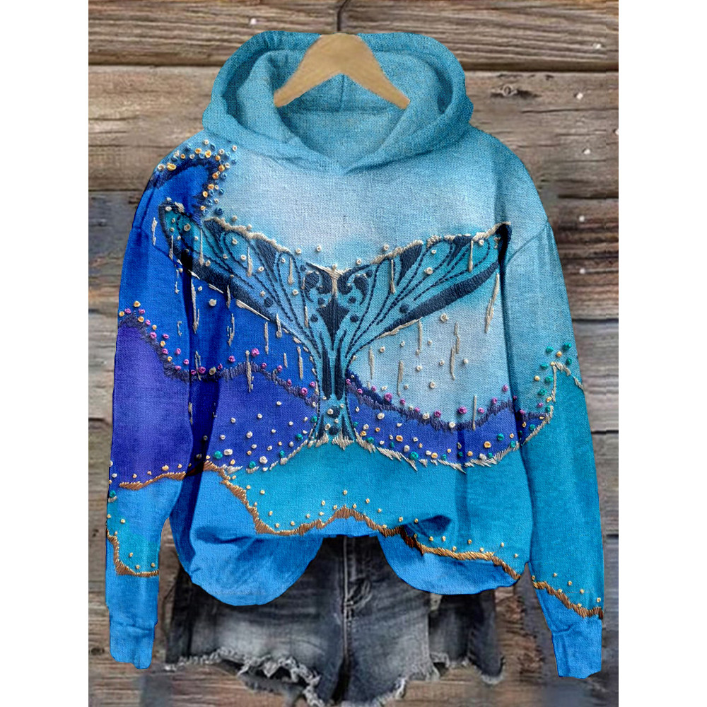 Fishtails and Waves Embroidery Art Comfy Hoodie
