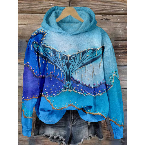 Fishtails and Waves Embroidery Art Comfy Hoodie