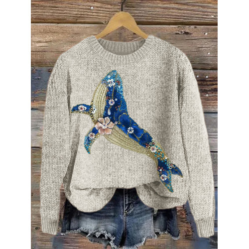 Floral Whale Jewelry Art Cozy Knit Sweater