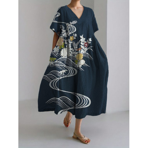 Flowers Sea Wave Embroidered Linen Blend Maxi Dress