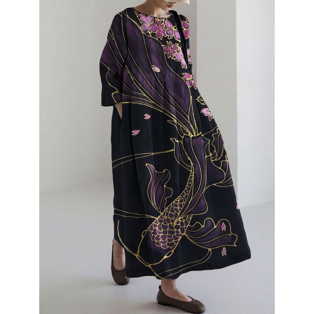 Flowy Fish Cherry Blossom Japanese Art Linen Blend Maxi Dress