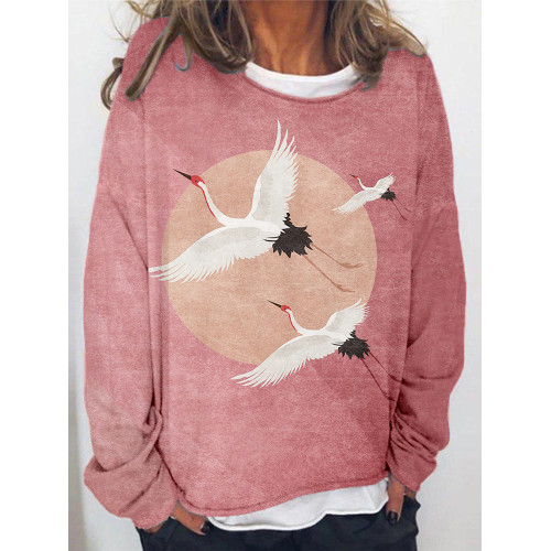 Flying Cranes Japanese Art Round Neck Oversized Sweatshirt