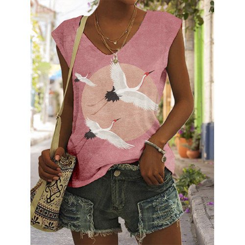 Flying Cranes Japanese Art V Neck Casual Tank Top