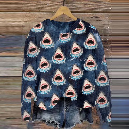 Funny Jaws Shark Art Casual Cozy Knit Sweater