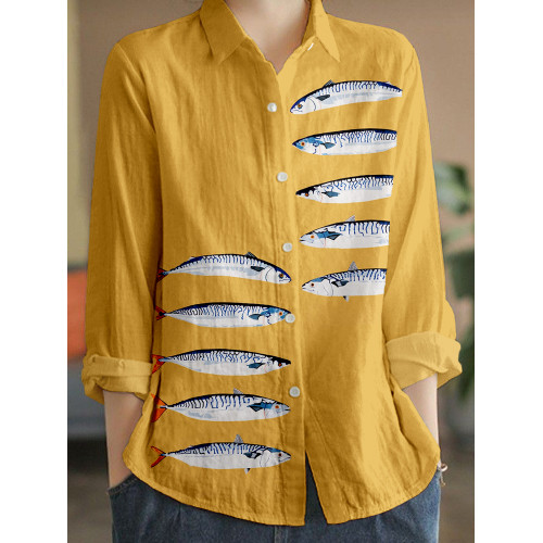 Funny Sardines Art Linen Blend Cozy Blouse
