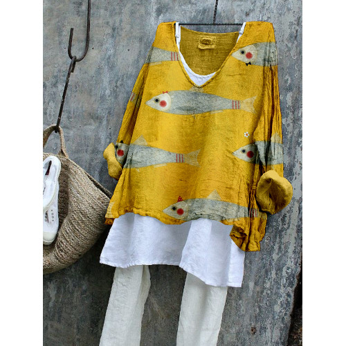 Funny Sardines Art Linen Blend Flowy Tunic