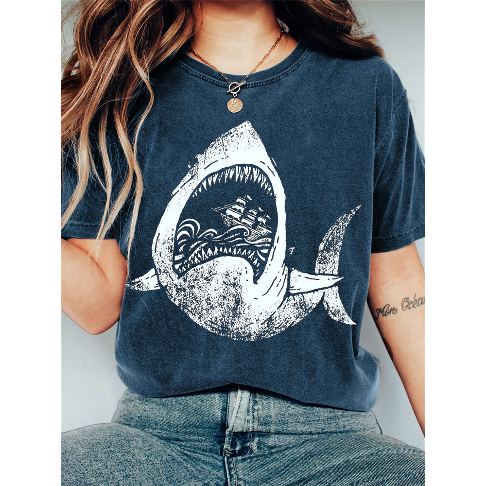 Giant Shark Lino Art Vintage Washed T Shirt
