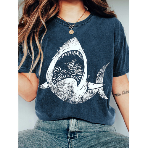 Giant Shark Lino Art Vintage Washed T Shirt