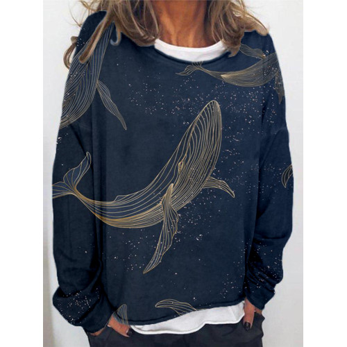 Gold Line Whales Art Graphic Oversized Cozy Sweatshirt