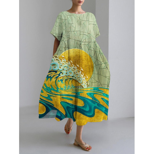 Golden Sun Japanese Print Linen Blend Maxi Dress