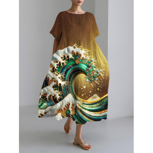 Golden Wave Japanese Linen Blend Maxi Dress