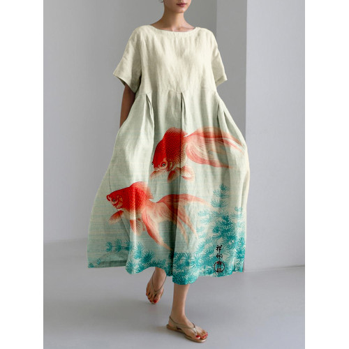 Goldfish Japanese Art Linen Blend Maxi Dress