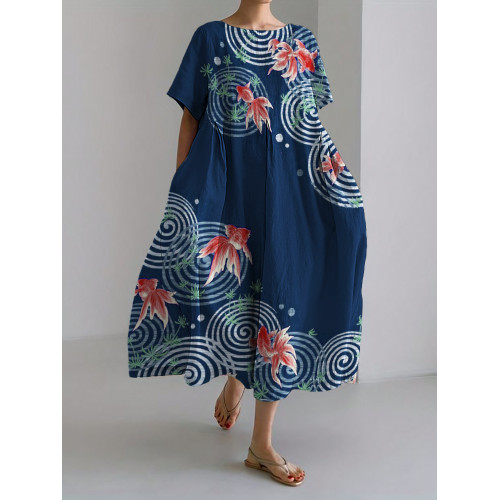 Goldfish Ripples Japanese Art Linen Blend Maxi Dress