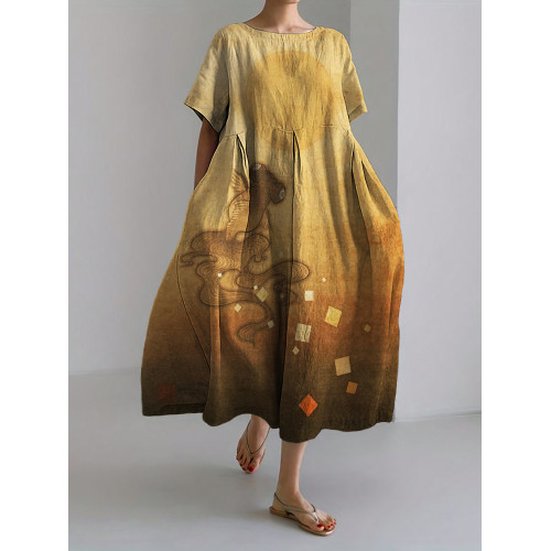 Goldfish Sunrise Japanese Art Linen Blend Maxi Dress