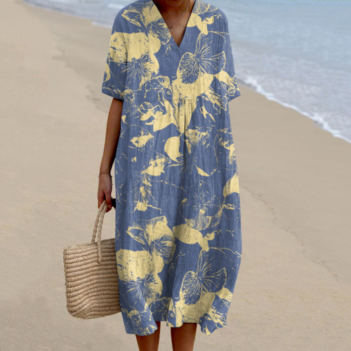 Gradient Floral Pattern V-Neck Women'S Dress