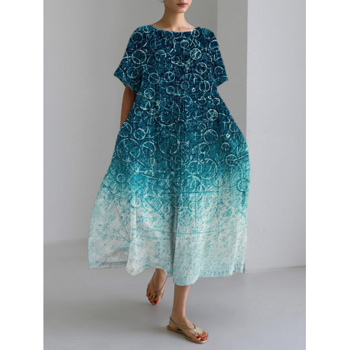 Gradient Ocean Art Print Linen Blend Maxi Dress