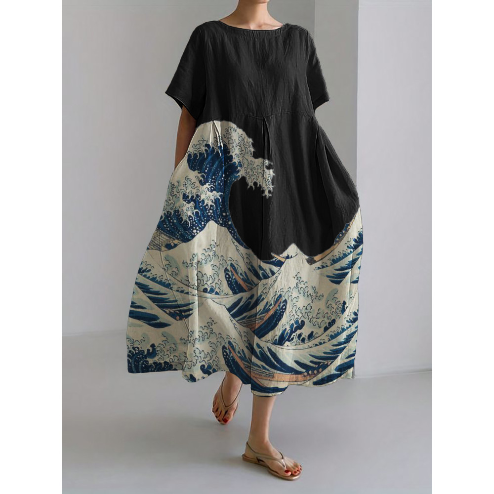 Great Wave Japanese Art Linen Blend Maxi Dress