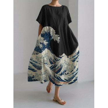 Great Wave Japanese Art Linen Blend Maxi Dress