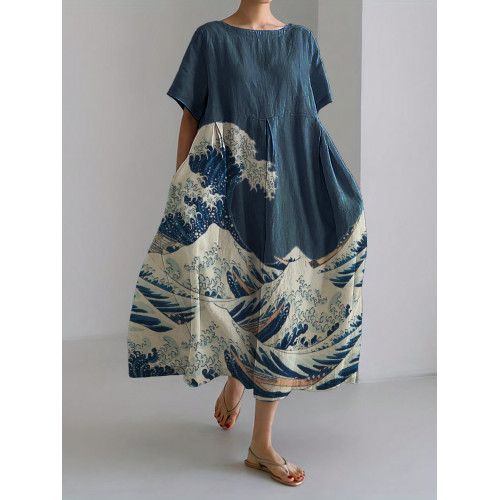 Great Wave Japanese Art Linen Blend Maxi Dress