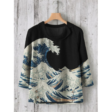Great Wave Japanese Art Linen Blend Tunic