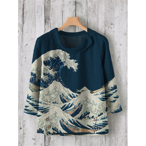 Great Wave Japanese Art Linen Blend Tunic