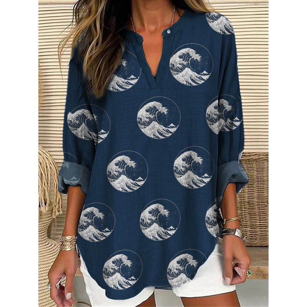 Great Wave Japanese Pattern Linen Blend Tunic