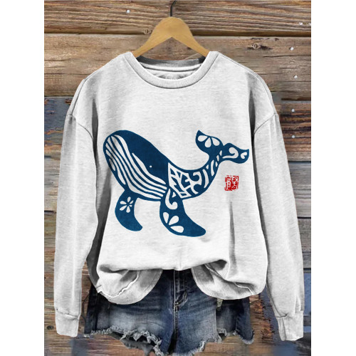 Humpback Whale Japanese Lino Art Cozy Sweatshirt