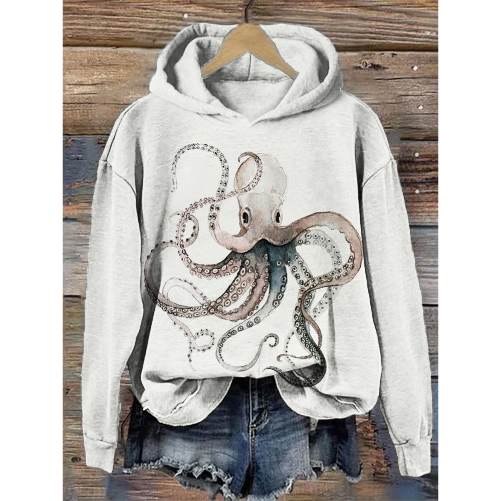 Ink Octopus Pattern Cozy Hooded Sweatshirt