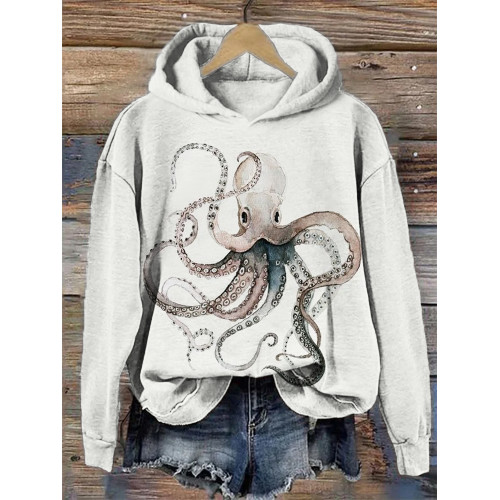 Ink Octopus Pattern Cozy Hooded Sweatshirt