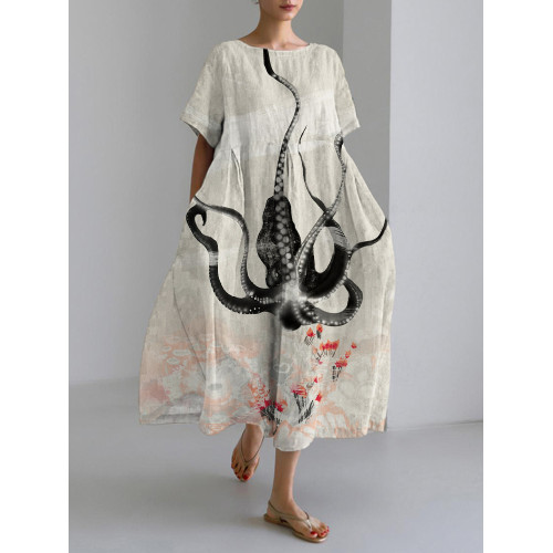 Ink Octopus Tentacles & Floral Print Linen Blend Maxi Dress