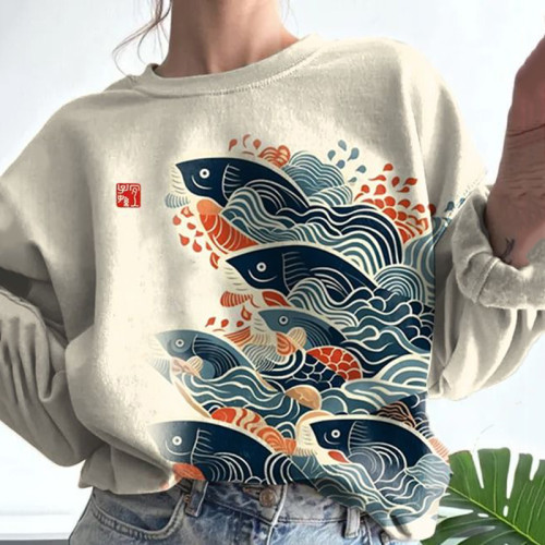 Japanese Art Carp Print Crew Neck Casual Sweatshirt