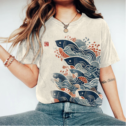 Japanese Art Carp Print Crew Neck Casual T-Shirt