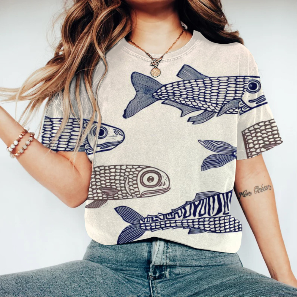 Japanese Art Carp Print Crew Neck Short Sleeves T-Shirt