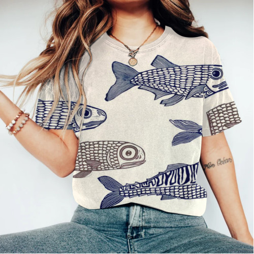 Japanese Art Carp Print Crew Neck Short Sleeves T-Shirt