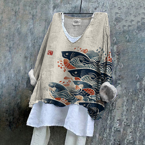 Japanese Art Carp Print V-Neck Loose Blouse