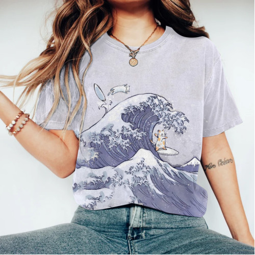 Japanese Art Cat Surf Painting Wave Print Casual T-Shirt
