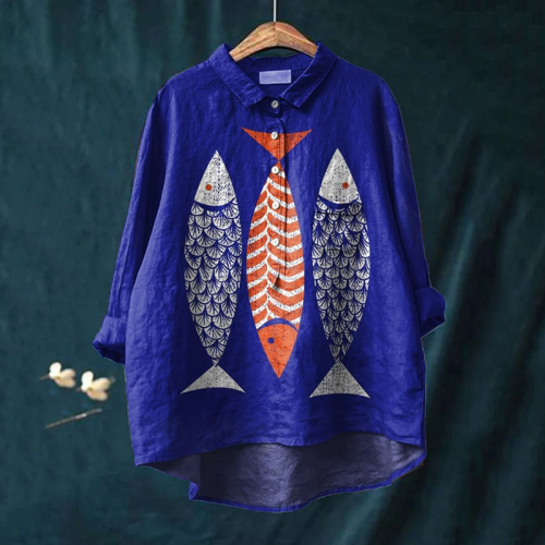Japanese Art Fish Print Lapel Loose Shirt